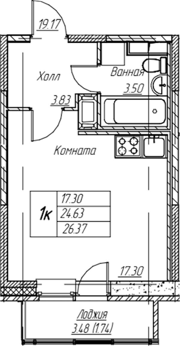 Квартира студия 26.37 м², 6/22 эт., ЖК «Парк-квартал Юнтолово»